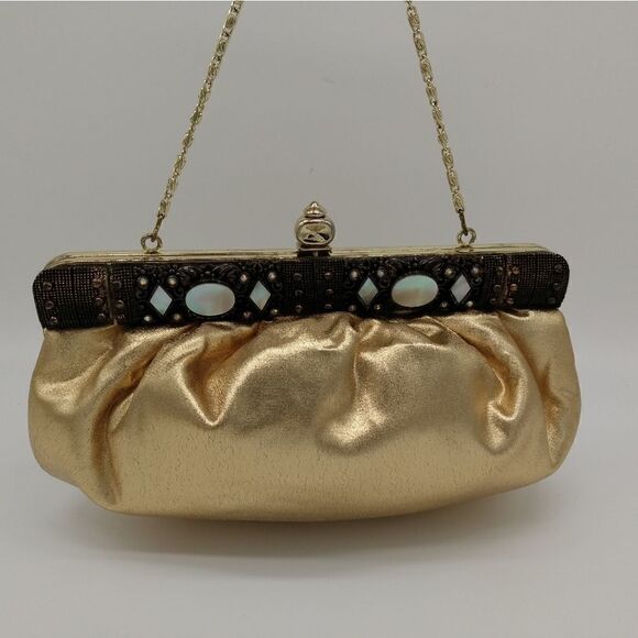 EUC VINTAGE FAYE MELLE Original Rhinestone Mother of Pearl Fluffy Gold Clutch - Picture 9 of 16